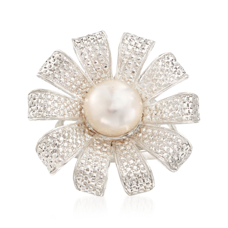 Sterling silver flower ring with 9–9.5mm cultured pearl center and pave petals