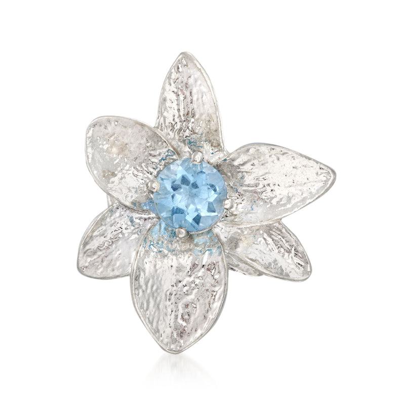 Sterling silver floral ring with round blue topaz center and five petal setting