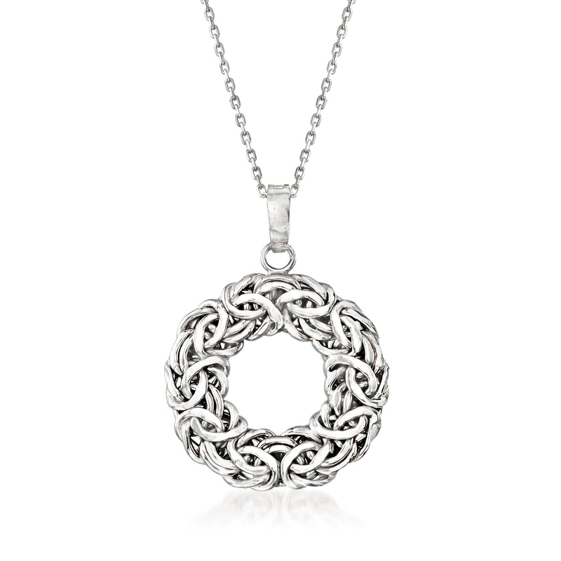 Sterling silver Byzantine circle pendant necklace with woven round charm