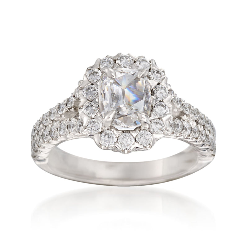 18kt white gold diamond engagement ring with large center stone and halo