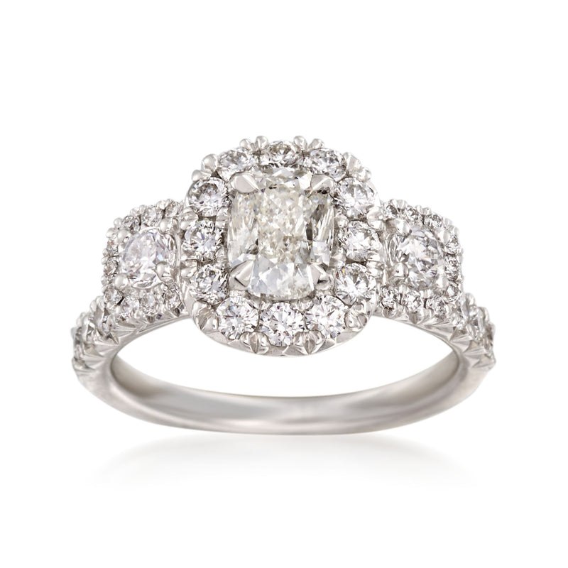 Henri Daussi three-stone diamond engagement ring, 18kt white gold, square center halo
