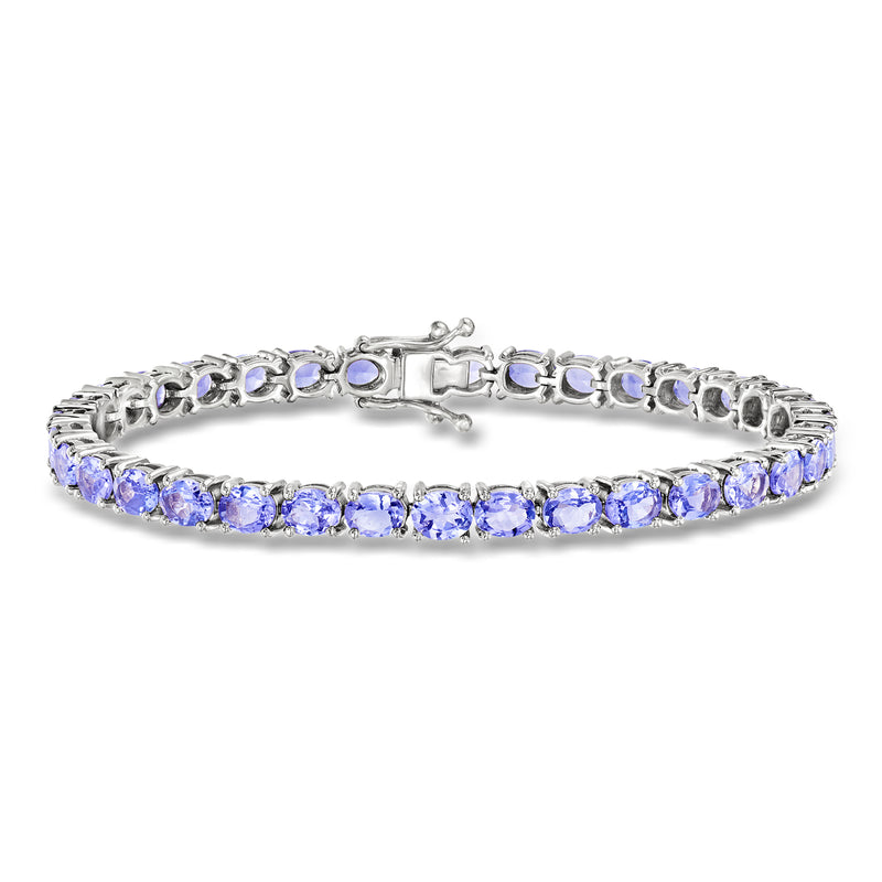 Sterling silver tennis bracelet with oval blue-violet gemstones, hinged clasp