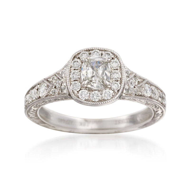 18kt white gold diamond engagement ring with large cushion center and halo