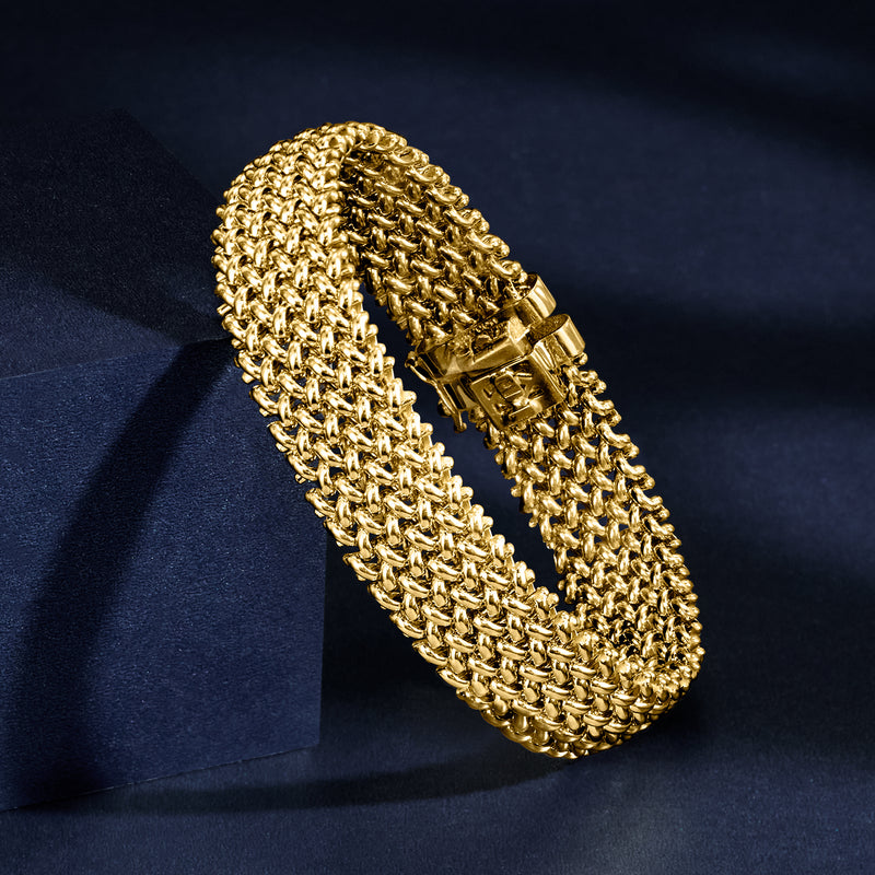 Yellow gold riso-link bracelet, textured mesh chain with secure clasp