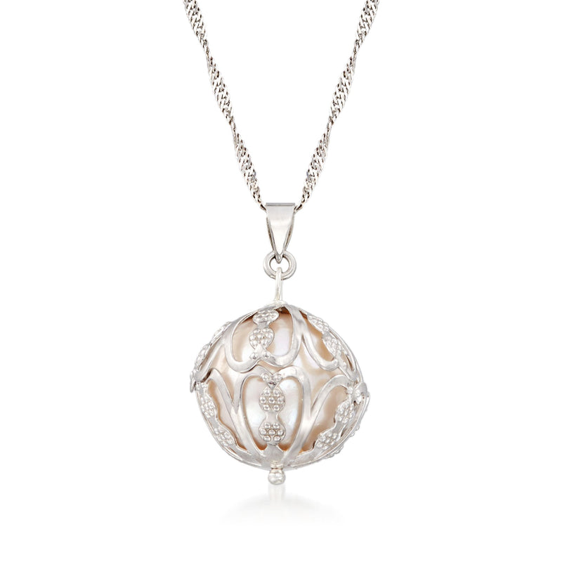 Sterling silver caged pendant with cultured pearl, heart motif, clear stones, bail