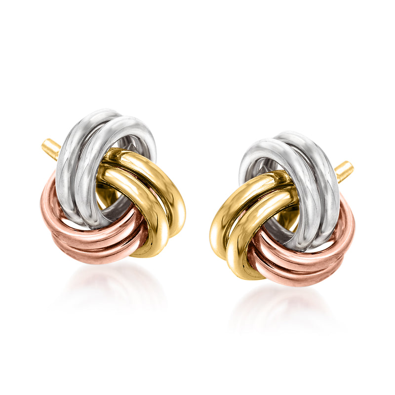 Tri-colored gold love knot stud earrings with twisted rose, yellow, and white loops