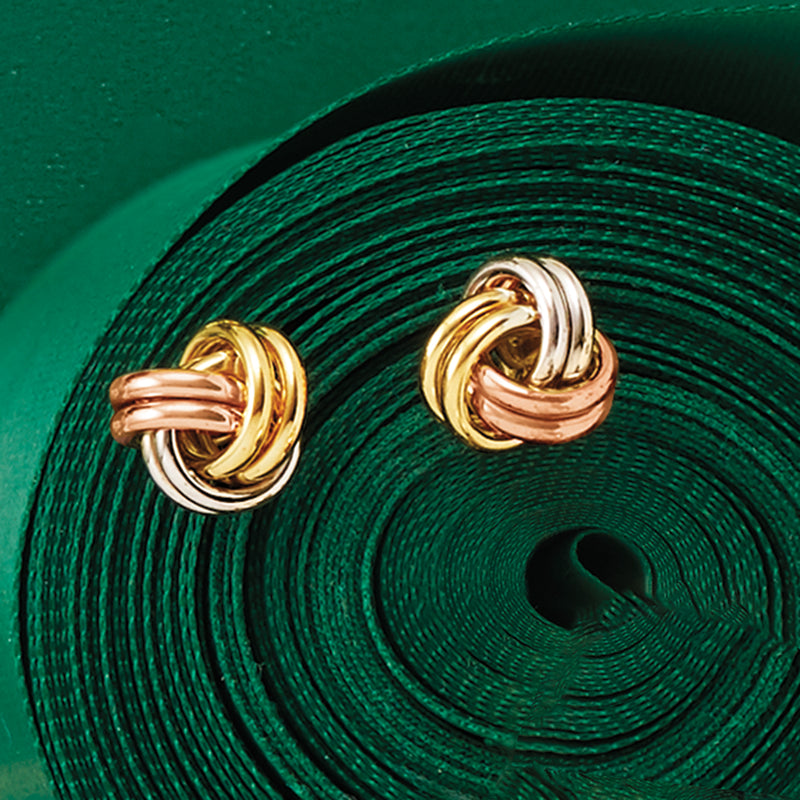 Tri-colored gold love knot stud earrings with twisted rose, yellow, and white loops
