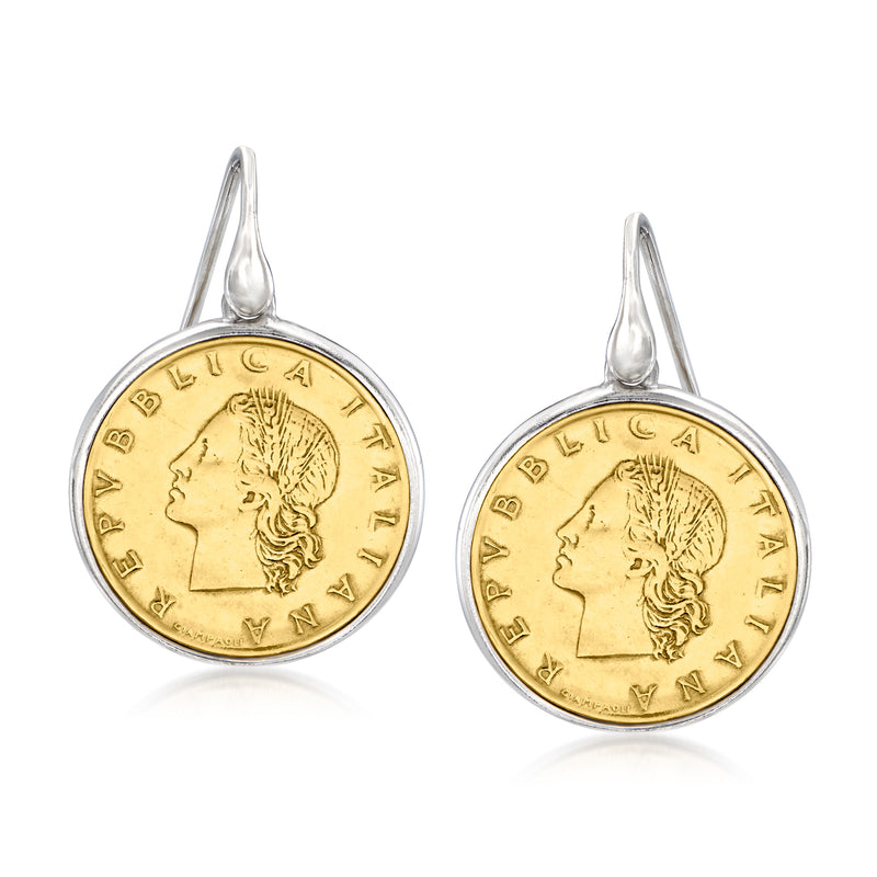 Sterling silver coin drop earrings with gold-toned Italian lira coins and earwire hooks