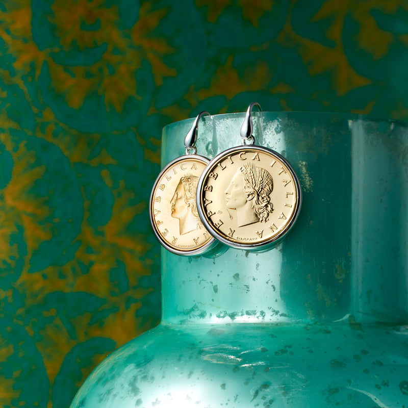 Sterling silver coin drop earrings with gold-toned lira coins and earwire hooks