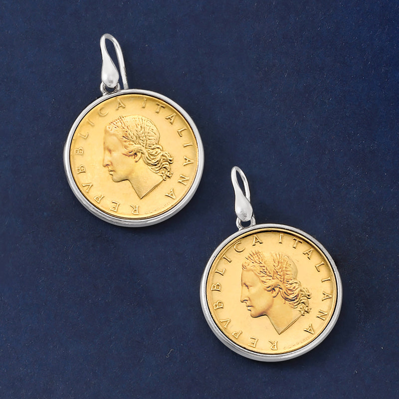 Sterling silver coin drop earrings with two gold-toned lira coins hanging on earwires