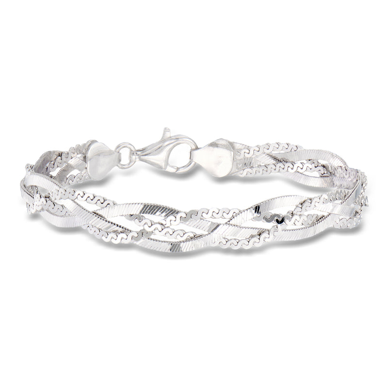 Sterling silver braided bracelet with heart-shaped clasp and link pattern