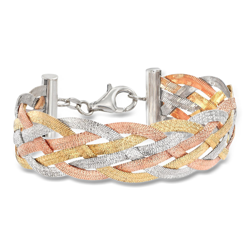 Reversible braided sterling silver bracelet with multicolor striped rope weave and clasp