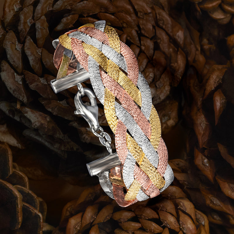 Tri-colored braided sterling silver bracelet close-up with toggle clasp links
