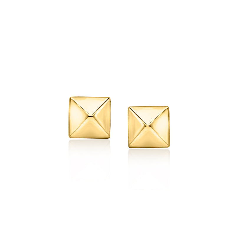 14kt yellow gold pyramid stud earrings with square face and raised pyramid top