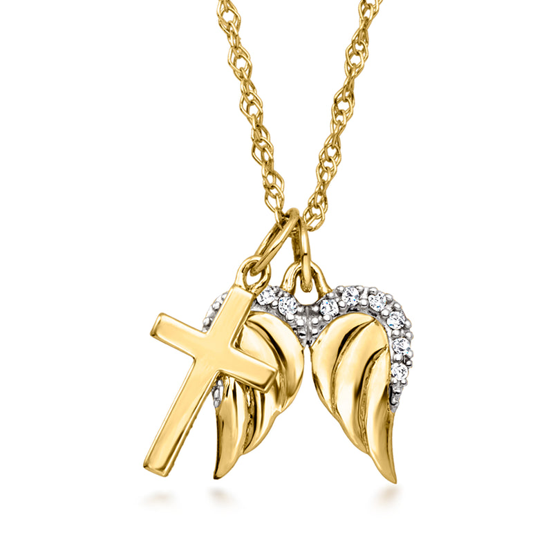 14kt yellow gold cross and angel wings pendant necklace with diamond accents