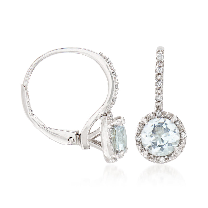 Sterling silver aquamarine drop earrings with diamond halo and leverback backs.