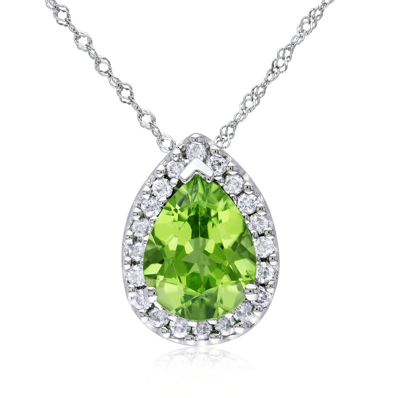 14kt white gold pendant necklace with pear-shaped green peridot and diamond halo