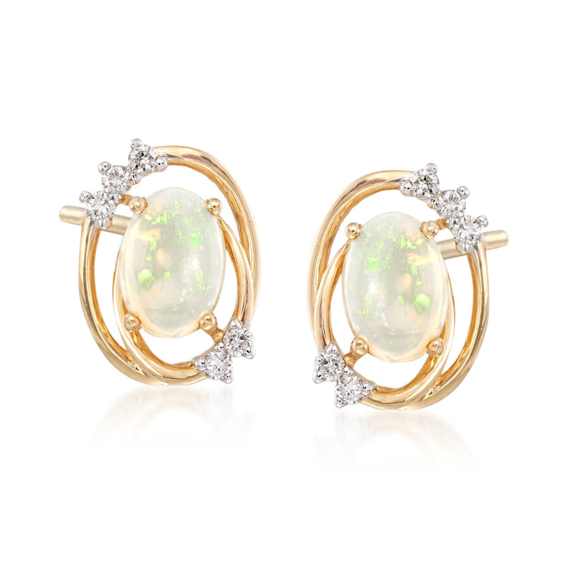 14kt yellow gold opal and diamond oval frame stud earrings