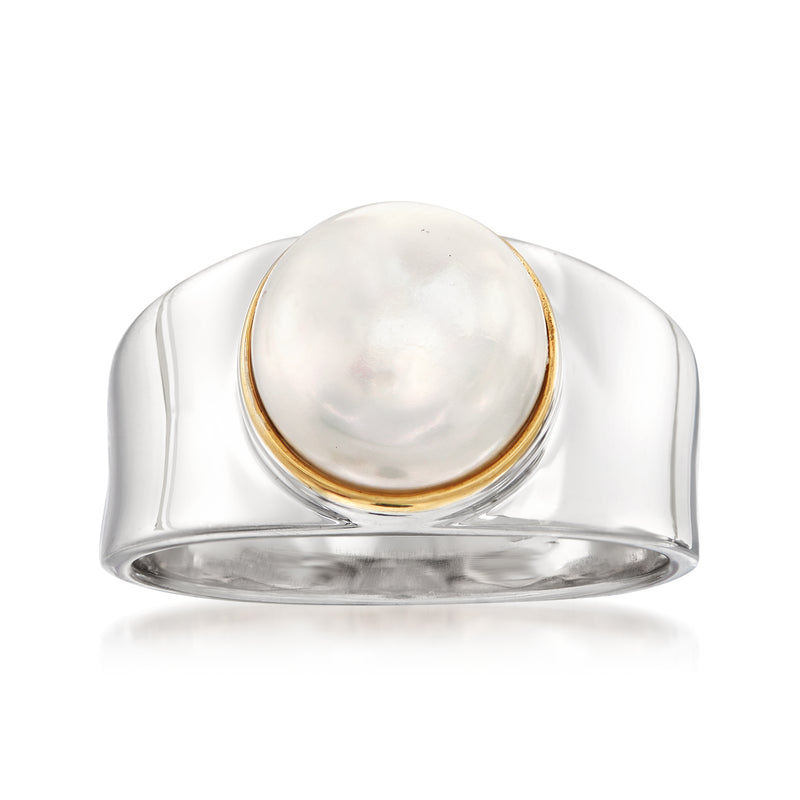 Sterling silver cultured pearl ring with 14kt gold bezel, rounded top view