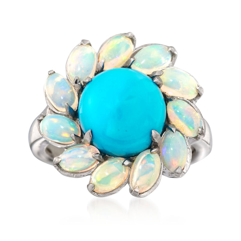Sterling silver ring with round turquoise center and opal oval petals