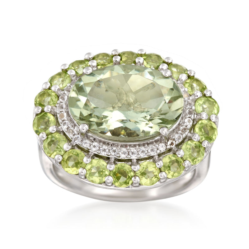 Sterling silver green gemstone ring with peridot halo and white topaz accents