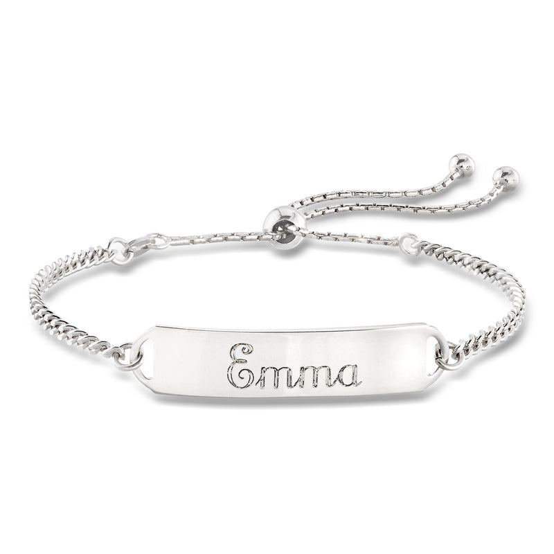 Sterling silver bolo ID bracelet with flat engraved name plate and chain tassel ends