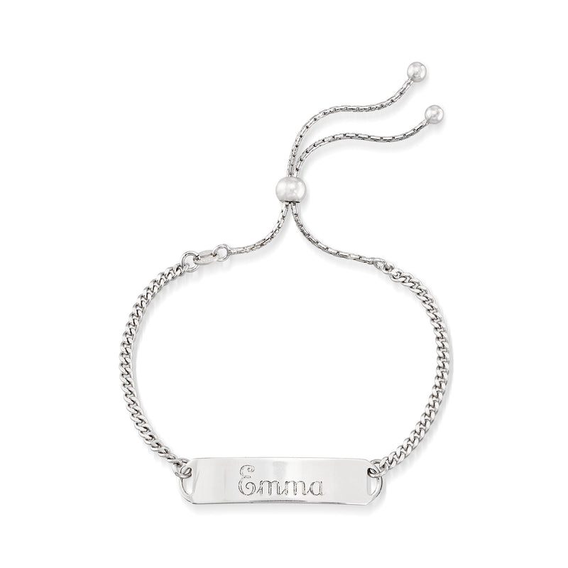 Sterling silver bolo bracelet featuring flat engraved name plate centered on chain