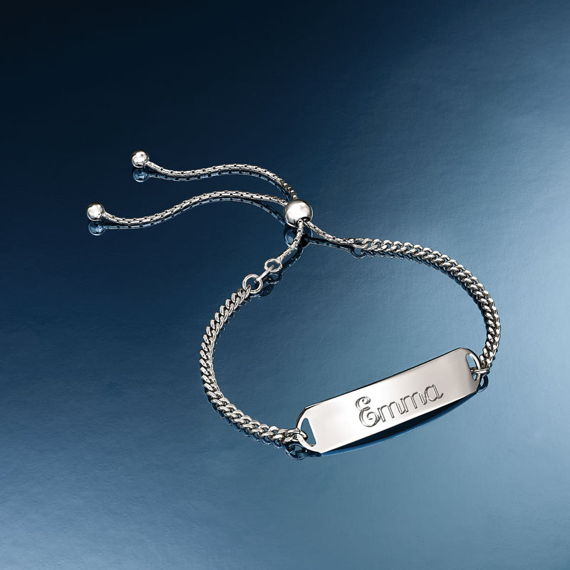 Sterling silver bolo ID bracelet with engraved bar plate and adjustable chain slider