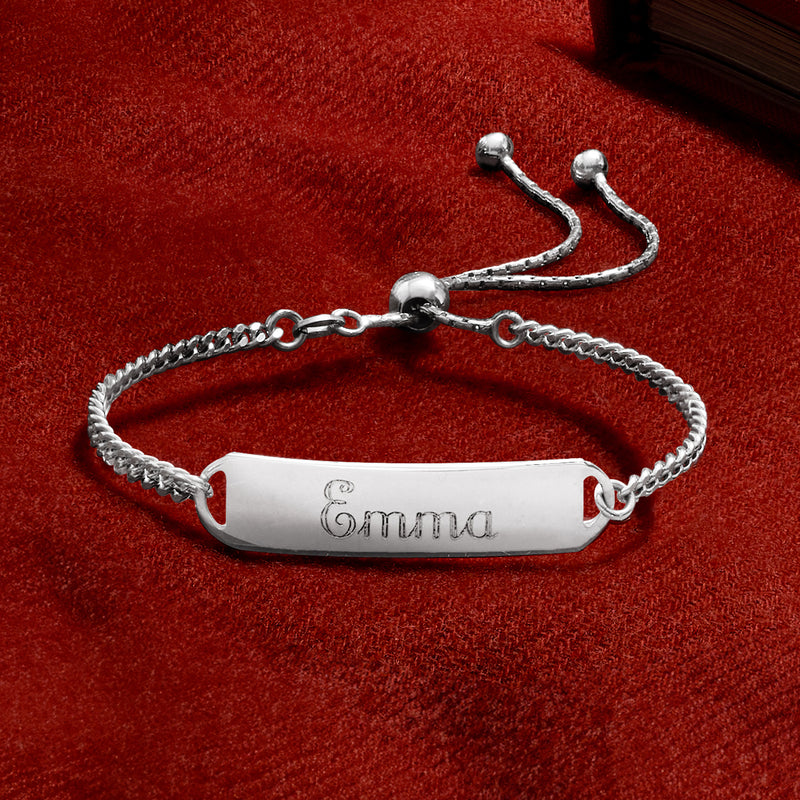 Sterling silver bolo ID bracelet with engraved rectangular name plate and heart-like links