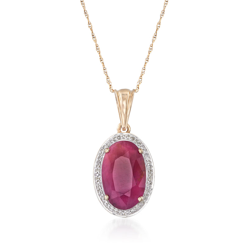 14kt yellow gold oval ruby pendant with diamond halo and chain