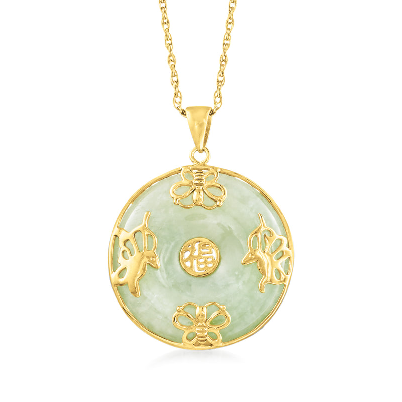 18kt gold-over-sterling jade round pendant necklace with butterfly and floral charms