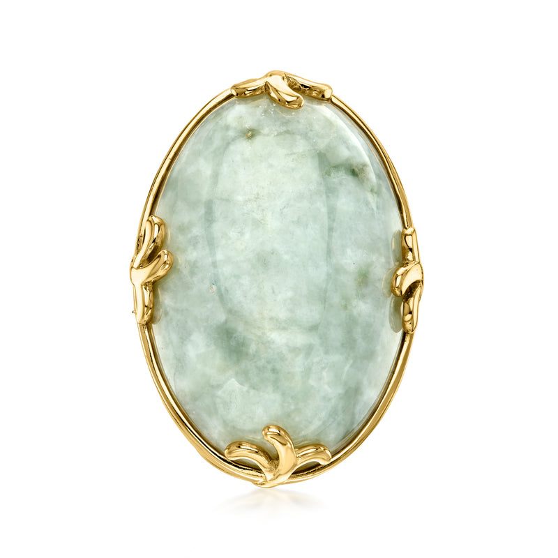 Oval jade cabochon ring in gold-tone bezel with decorative split band