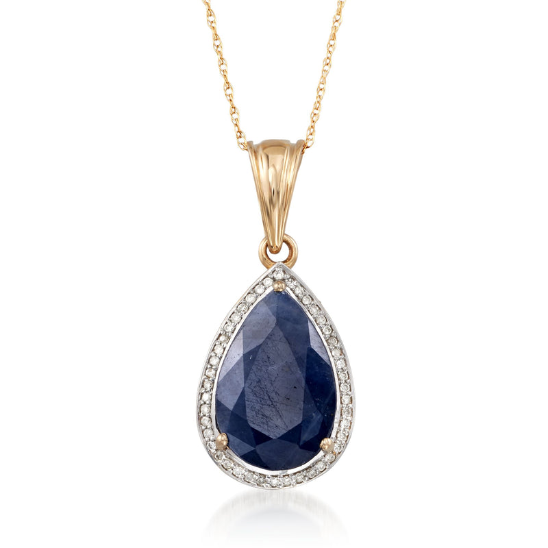 14kt yellow gold teardrop sapphire pendant with diamond halo on chain