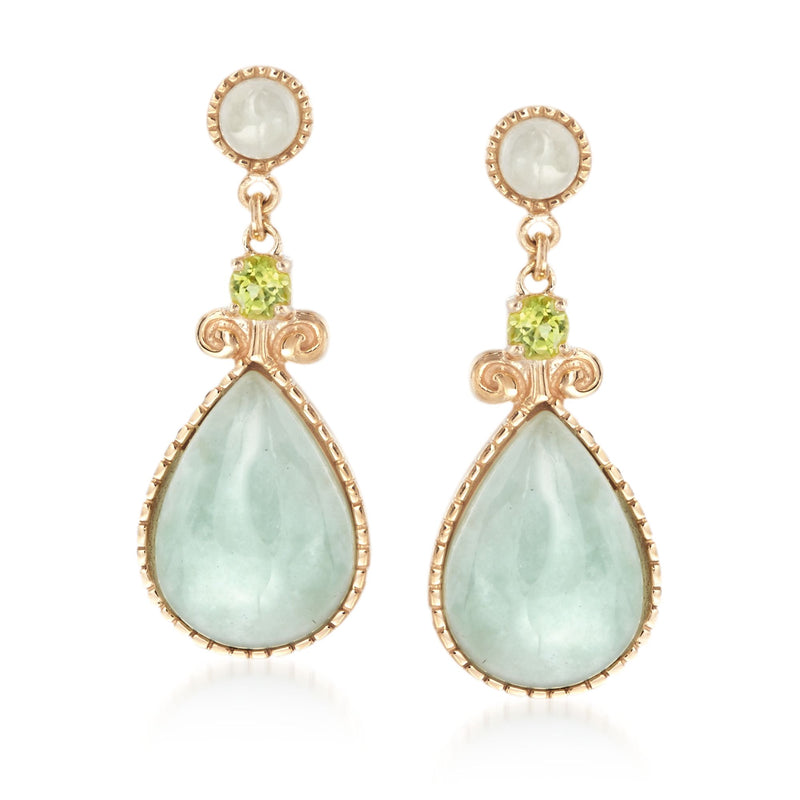 18kt gold drop earrings with peridot accents and light green teardrop jade