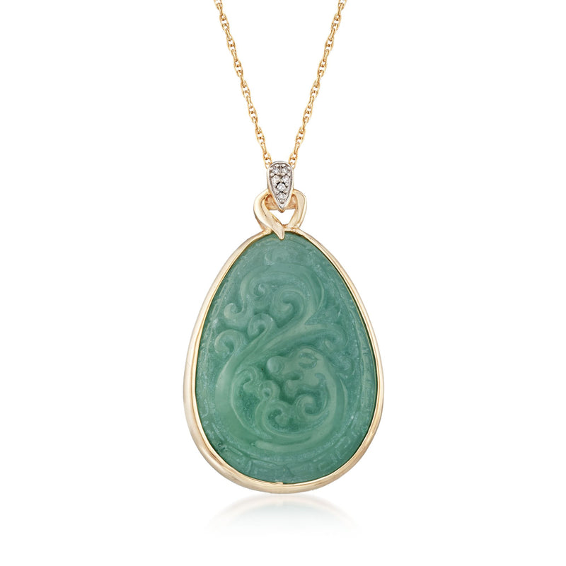 Teardrop jade pendant necklace with carved green stone, diamond accents, and gold chain