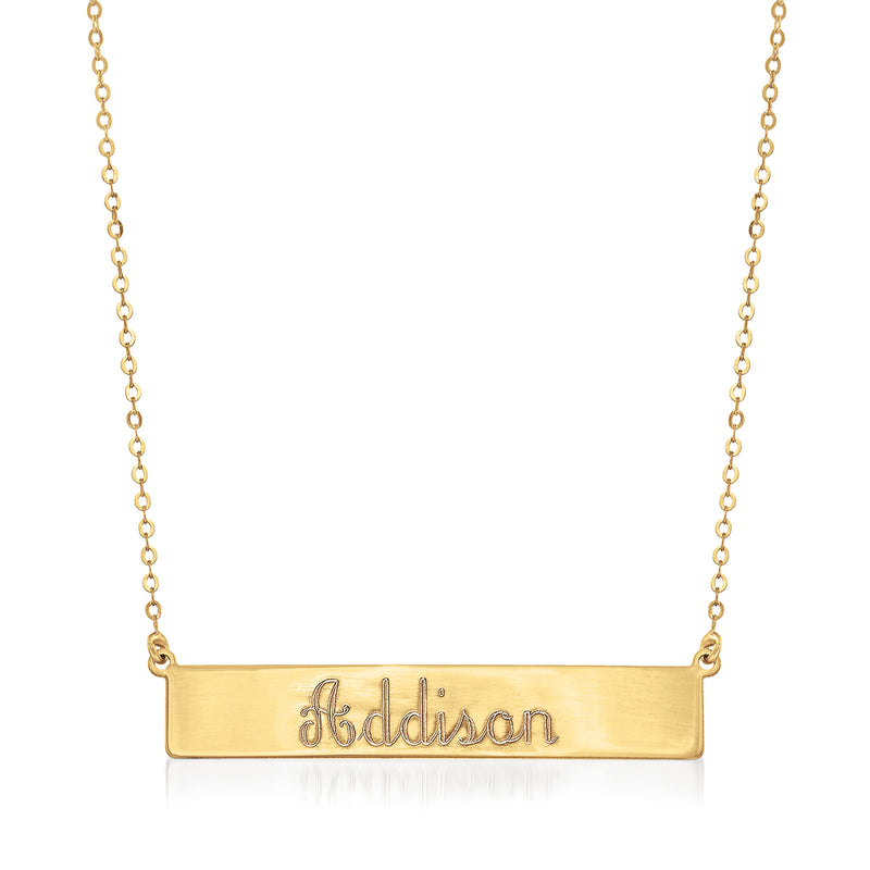 18kt yellow gold personalized bar necklace with engraved “Hudson”