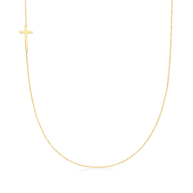18k yellow gold vertical cross necklace with slim chain and small cross pendant