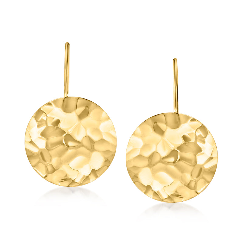 Hammered yellow gold disc drop earrings on earwires