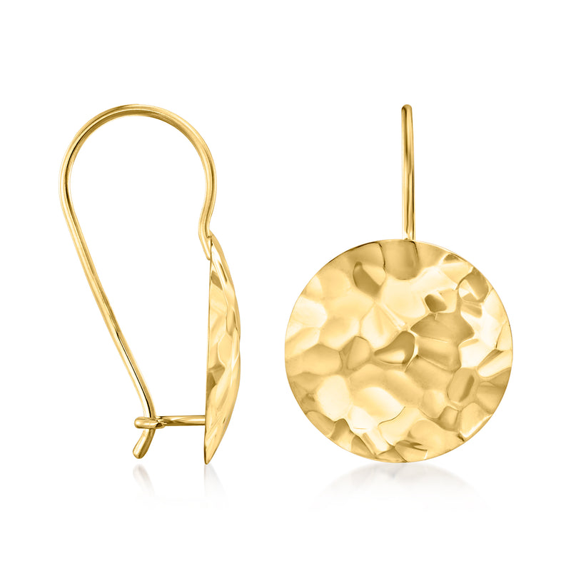Hammered yellow gold round disc drop earrings with earwire hooks