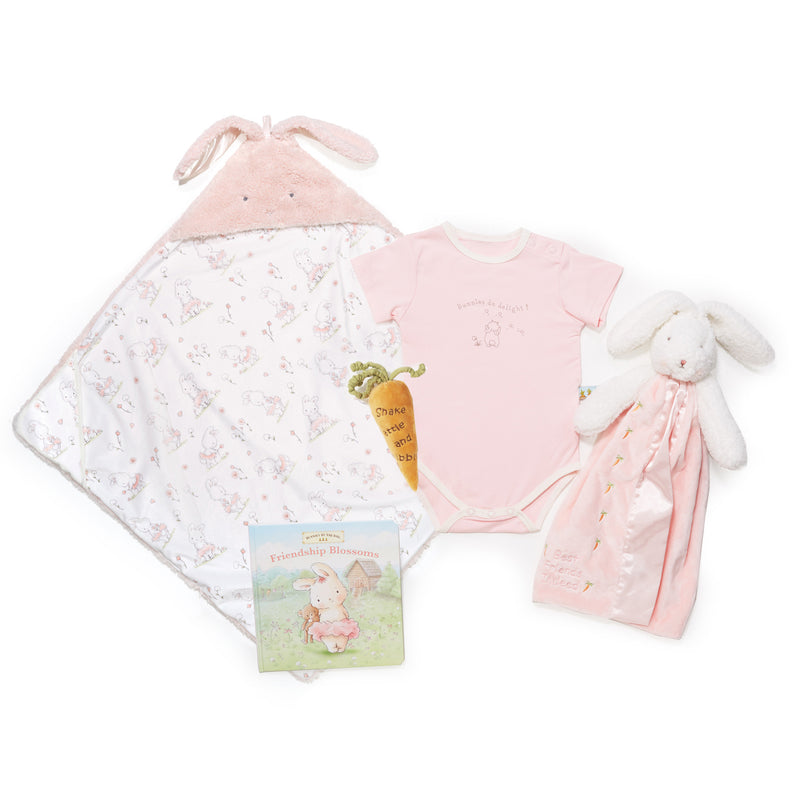 Baby girl 5-piece set: pink hooded towel, pink onesie, bunny plush, bib and book