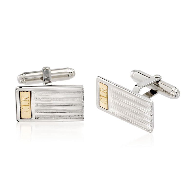 Sterling silver three-initial bar cuff links with vertical 14kt yellow gold panel