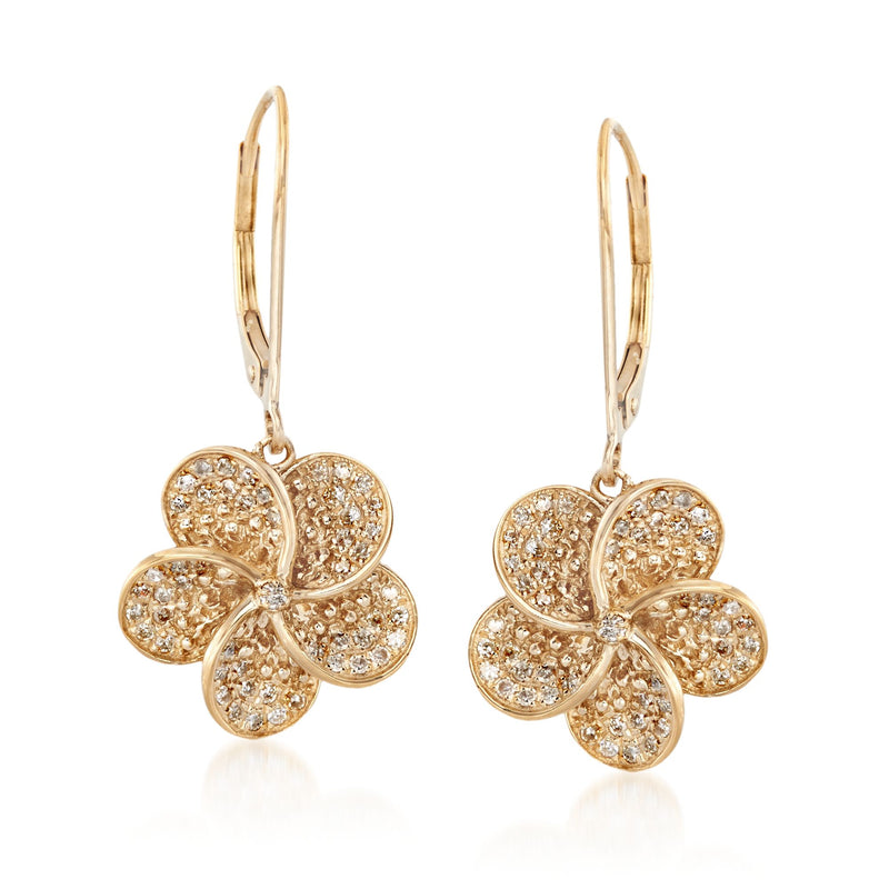 Diamond floral drop earrings with leverback closures in 14kt gold over sterling