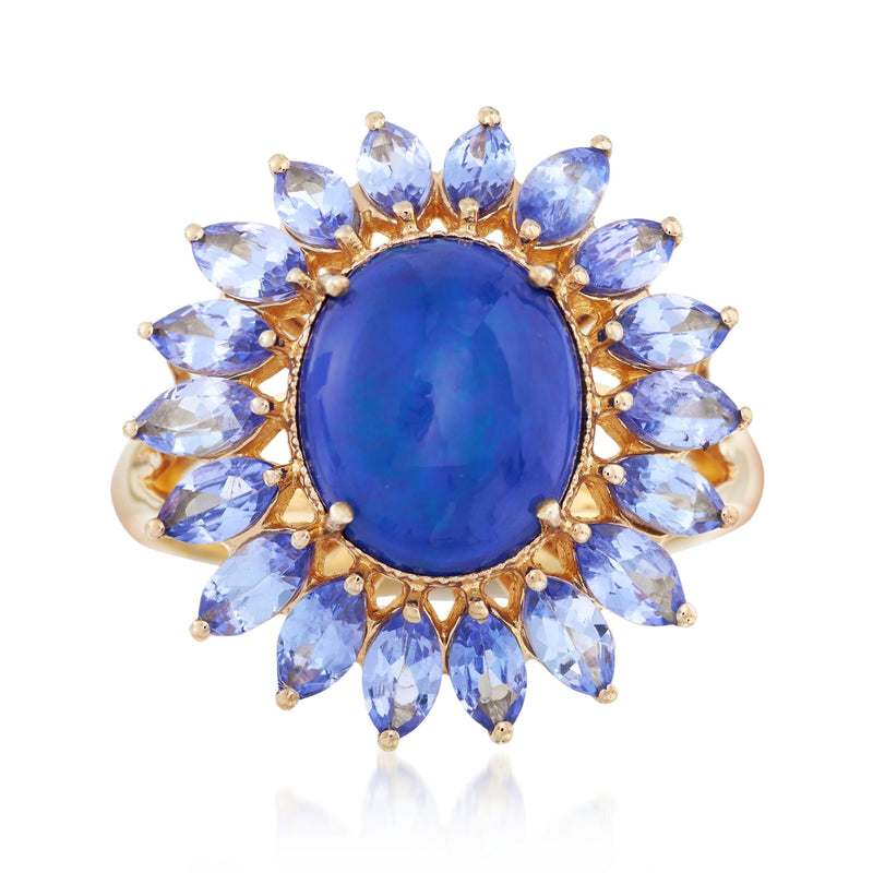 18kt gold over sterling ring with oval blue gemstone and floral halo of blue stones