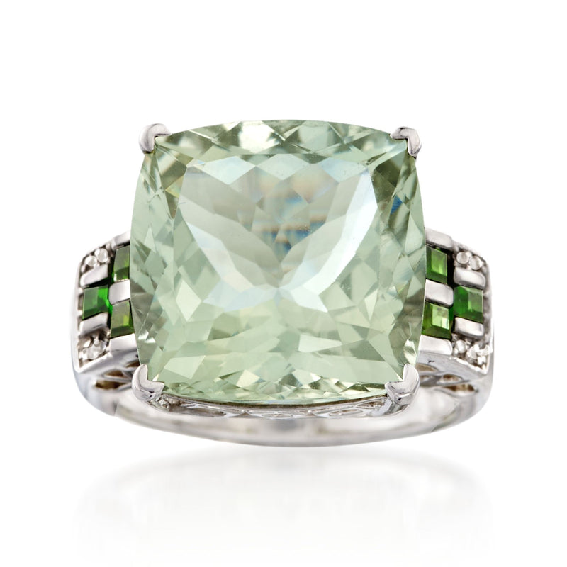 Sterling silver ring with large cushion green gemstone and green side accents, white zircon details