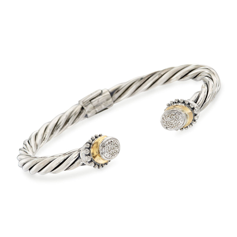 Sterling silver cable cuff bracelet with round yellow-gold and diamond-accent ends