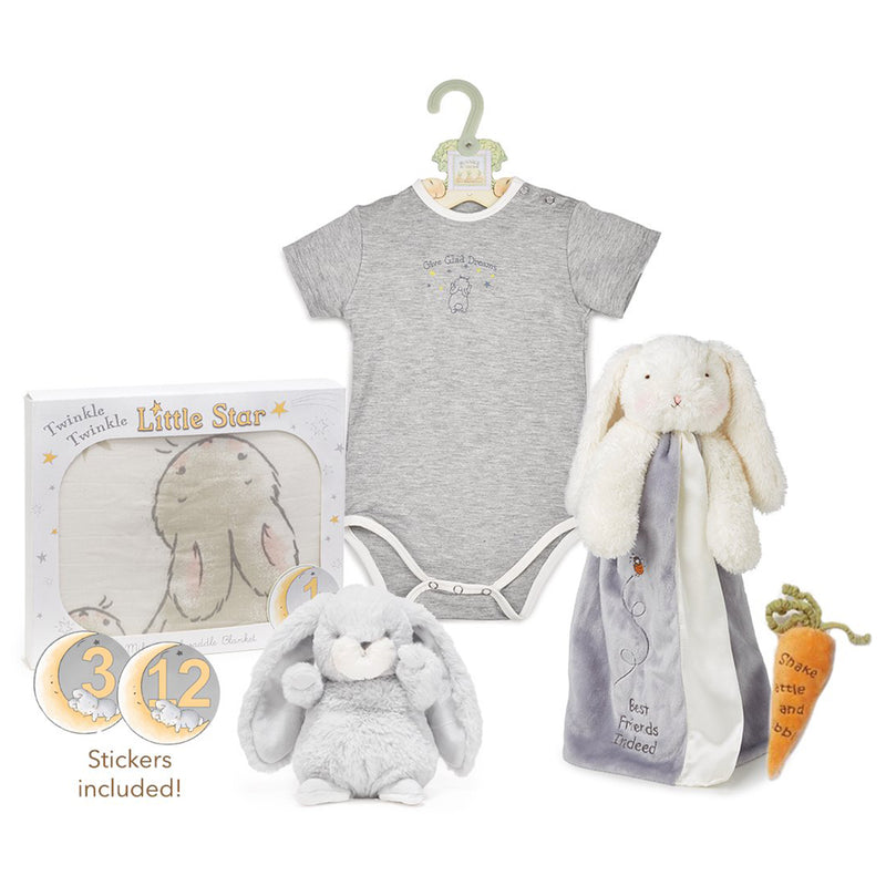 Baby 5-pc gift set with gray onesie, bunny plush, and sticker activity book