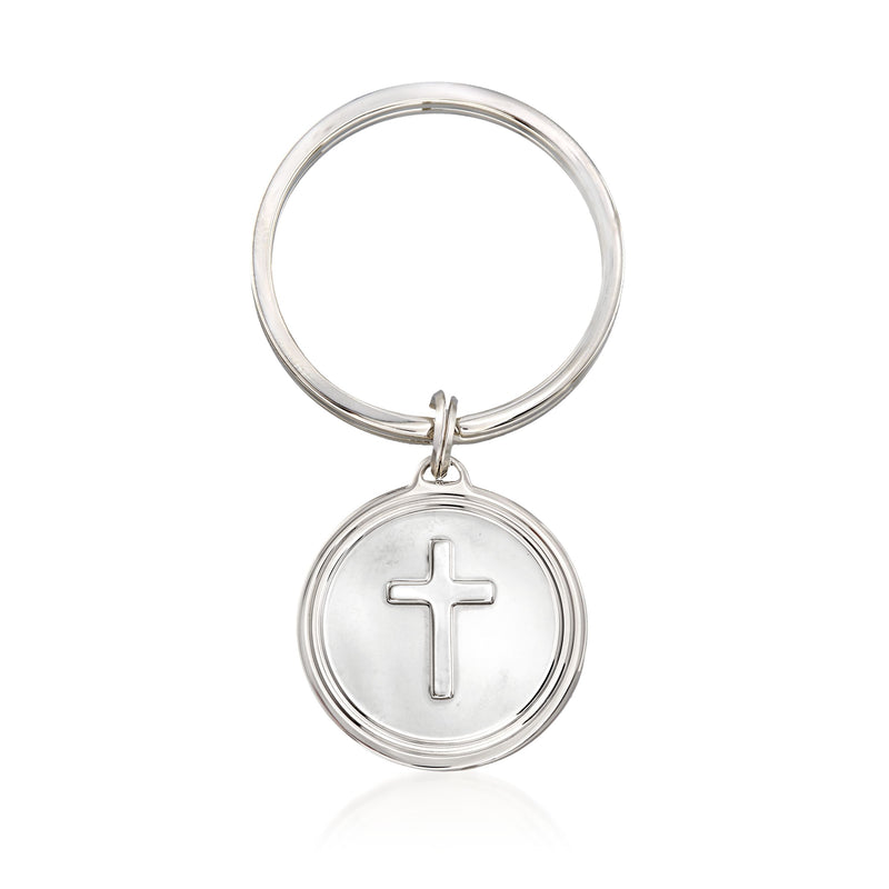 Sterling silver round keychain with cross charm, polished metal loop and medallion