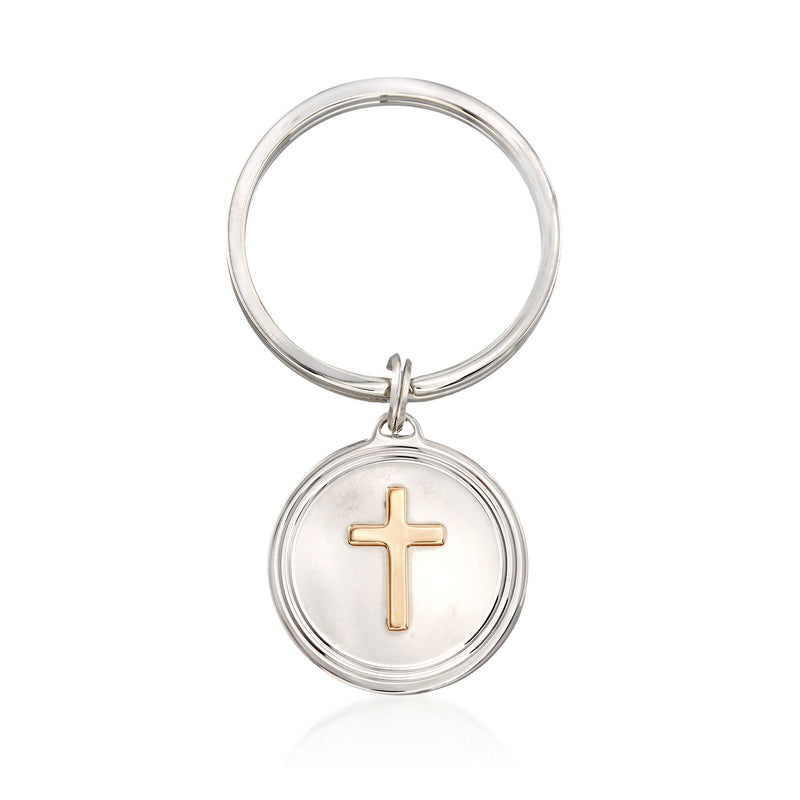 Round keychain with silver ring and gold cross charm in center