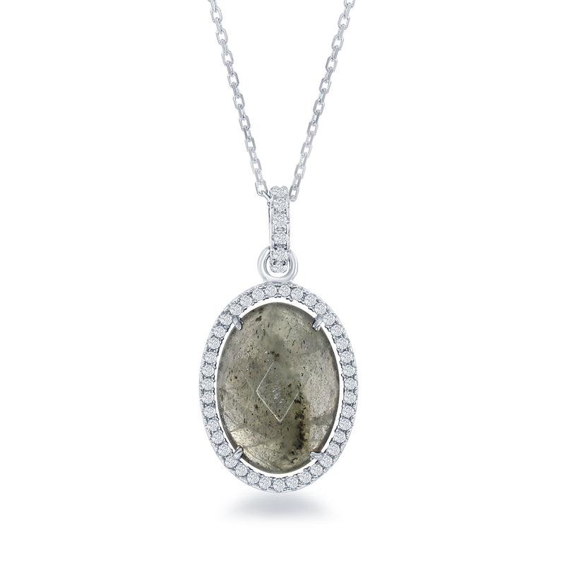 Oval labradorite pendant necklace in sterling silver with CZ halo and chain
