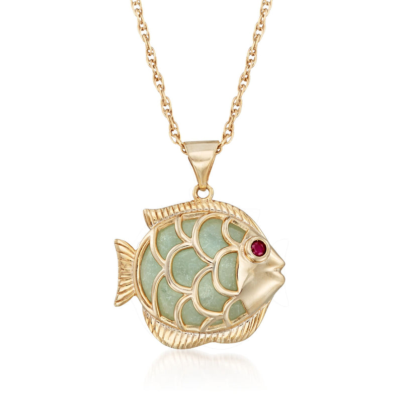 Goldtone fish pendant necklace with green jade scales and red ruby accent